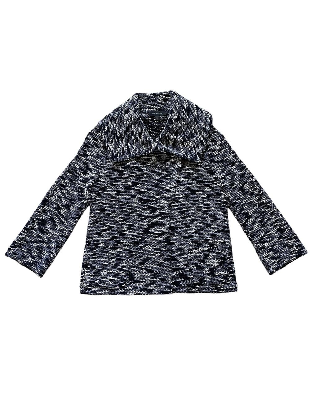 St. John Boucle Knit Black Grey White Collared Sweater Wrap Jacket Pockets 4